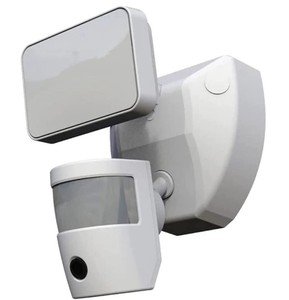 lot 19 image: LOT OF FOUR Secur360 HeathZenith Video Wi-Fi Connected White Wired Single Head Motion Activated Outdoor Security Integrated LED Flood Light 1200 Lumens