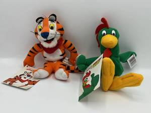 lot 7 image: Vintage (1997) Kelloggs Bean Bag Breakfast Brunch Tony the Tiger and Cornelius Stuffed Toys