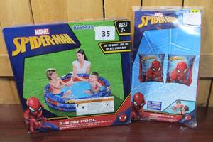lot 35 image: Marvel Spider-Man 3-ring Pool Inflatable 48.1 x 48.1 x 11.8  Spiderman Armbands