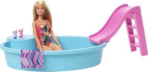 lot 78 image: Barbie Doll and Pool Playset with Pink Slide, Beverage Accessories and Towel, Blonde Doll in Tropical Swimsuit