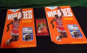 lot 211 image: (2) Michael Jordan Wheaties Box Posters and Michael Jordan #45#23 Dual Card