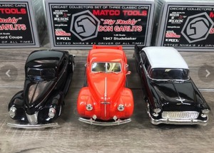 lot 42 image: 2002 NHRA Big Daddy Garlits Set of 3 Classic Cars  1940 Ford Coupe  1947 Studebaker  1955 Chevy 125 scale die cast