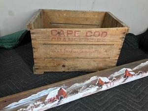 lot 157 image: Barn Mailbox, Piece of vintage wood with barns painted on them that hangs on the wall, hot plate made out of wood with the state of Minnesota and cape cod wooden box