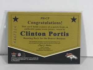 lot 484 image: 2003 Fleer Platinum Clinton Portia Patch of Honor Football Card