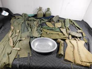 lot 235 image: WW2 plates, camp cookware, belts, canteens and more
