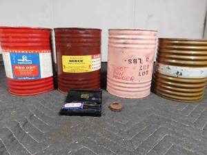 lot 325 image: 4 gun powder cans, military razor, antique lock
