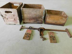lot 376 image: 2 vintage creamery crates, crate, traps and more