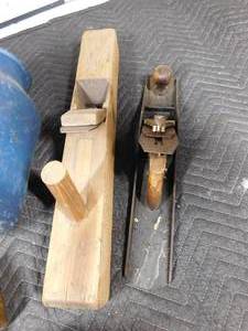 lot 525 image: 2 vintage planers, sugar mold, 2 metal tape dispensers and metal jug