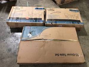 lot 7 image: Phi Villa Outdoor Rattan Metal Patio dining set - Table and 4 Chairs  with Blue Cushions Customer Returns See Pictures