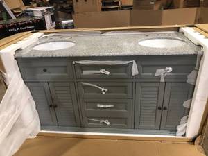 Home Decorators Collection Hamilton 61 in. W x 22 in. D Double Bath Vanity in Gray with Granite Vanity Top in Gray with White Sink Customer Returns See Pictures