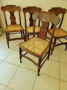 lot 41 image: Vintage Birds Eye Maple Cane Seat Dining Chairs  set of 6