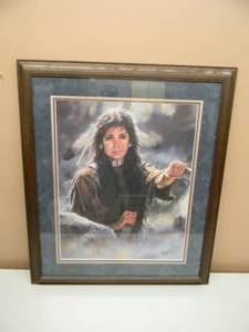 lot 5 image: NATIVE AMERICAN ART By Maija White Feather - Signed Best Wishes Maija - PROFESSIONALY FRAMED - FANTASTIC PIECE  - APPROX 26 By 30 - SEE PICTURES