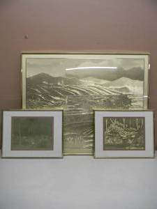 lot 16 image: VINTAGE SET OF 3 - Manifestations International Optical Illusionary Gold Foil Art - 2  14 By 11 - 1  30 By 24 - PROFESSIONALY FRAMED - COOL PIECES  - SEE PICTURES