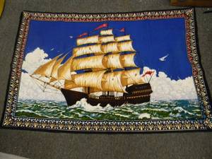 lot 17 image: VINTAGE Made in Turkey WPL 13379 Tapestry of a Ship - 100% Cotton - NICE - COOL OLD SCHOOL PIECE - APPROX 57 By 39  - SEE PICTURES