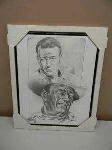 lot 25 image: VINTAGE PENCIL DRAWING OF JOHN WAYNE - SIGNED PETRONELLA - PROFESSIONALY FRAMED - FANTASTIC PIECE  - APPROX 17 By 21 - SEE PICTURES