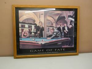 lot 37 image: GAME OF FATE By Chris Consani - MONROE-BOGART-DEAN-3 STOOGES - PROFESSIONALY FRAMED - FANTASTIC PIECE  - APPROX 35 By 27 - SEE PICTURES