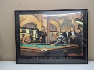 lot 38 image: GAME OF FATE By Chris Consani - MONROE-BOGART-DEAN-3 STOOGES - BLACK PLASTIC PROFESSIONALY FRAMED - FANTASTIC PIECE  - APPROX 33 By 25 - SEE PICTURES