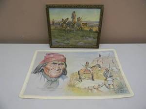 lot 22 image: VINTAGE 1911 C.M. Russell Signed Vintage Print - APPROX 11 By 9 - FANTASTIC PIECE & 1973 GERONIMO (BEDONKOHE-CHIRICAHUA APACHE) HAROLD HOLDEN HISTORY PIECE - GREAT PIECE  - APPROX 17 By 11 - SEE PICTURES