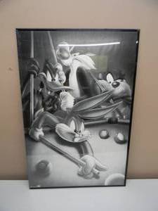 lot 45 image: Vintage 1995 Looney Tunes Playing Pool Poster - Bugs, Daffy, Taz & Sylvester - NICE - FRAMED - AWESOME PIECE - APPROX 23W x 35H - SEE PICTURES