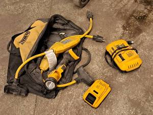 lot 145 image: DeWalt Assorted Accessories - Tool Bag, 20V 3Ah Battery, 20V Max Lithium Ion Battery Charger DCR118, 3-way Power Cords, 20V Worklight DCL040, Handle
