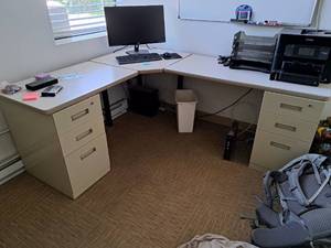lot 208 image: Corner Office Desk 3-piece with Two 3-drawer File Cabinets