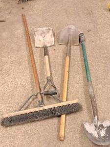 lot 221 image: Concrete Tools - Push Broom, Flat Shovel, (2) Spades