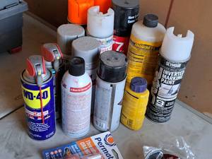 lot 294 image: Lot of (14) Various Items - WD-40, Inverted Marker Paint, Quikrete, Rustoleum Cold Galvanized Compound, Lucas Oil Spray Grease, Permatex Threadlocker Orange