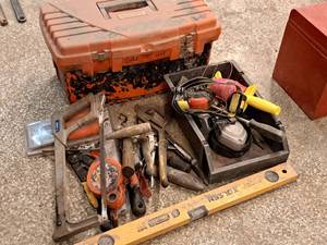 lot 196 image: Plastic Tool Box with Tolsen Level, Hack Saw, Chalk Line, Square, Pliers, Clamps, Ball Peen Hammer, Misc. Tools