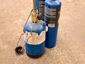 lot 336 image: Torch Set - Propane Bottle with Torch Head, (2) Spare Propane Bottles, (1) Torch Ignitor