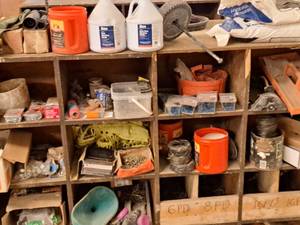 lot 343 image: Contents of Shelf - Misc. Hardware, Nails, Screws, Concrete Anchors, Tapcon Concrete Screws 316x2-34