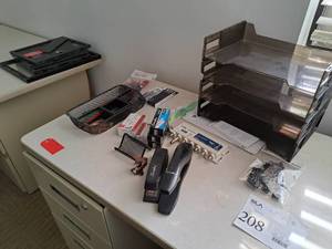 lot 209B image: Lot of  Office Supplies - Paper File Trays, Staplers, Staples, Staple Remover, PPC Active Return Entry Series EV01-5-UU, Pads of Engineering Paper, Pens, Pen Caddy