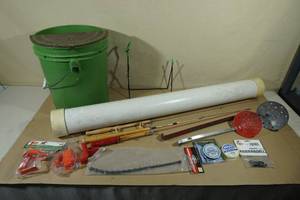 lot 259 image: Assorted Ice Fishing Accessories -Rods, Scoops, Bucket, Rod Case