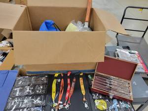 lot 61 image: Box of Misc. Promotional Items - Keyrings, Badge Holders, Knife Set, Barbeque Tools and More
