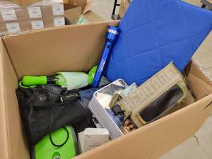 lot 63 image: Box of Assorted Outdoor Promotional Items - Umbrellas, Flashlights, Masks, Lunchbox, and More