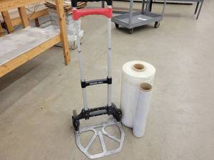 lot 100 image: Folding 2-Wheel Dolly and (2) Rolls of Shrink Wrap