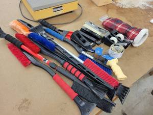 lot 101 image: Lot of Assorted Ice Scrapers, Tape Dispensers, Staplers and More