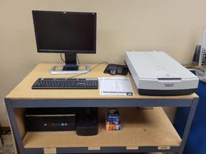 lot 103 image: HP i5 Desktop, Microtek Scanner Model No 1000XL, 20 Monitor and More - Shelf NOT Included