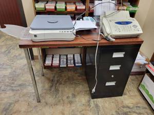 lot 105 image: Office Desk with Contents - Cannon PC170 Copier, Brother intellifax 775 Fax Machine, and More