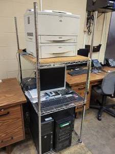 lot 106 image: (2) HP Z420 Workstations, Battery Backups, HP LaserJet 5100tn Printer, Monitor, and More on Steel NSF-type Shelf