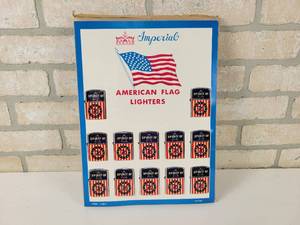 lot 465 image: Vintage KRON Imperial Spirit of 76 American Flag Display of Lighters - Complete w Original Packaging and 12 Lighters