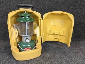 lot 515 image: 1971 Coleman Model 220F Gas Pressure Camping Lantern with Coleman Carry-Case