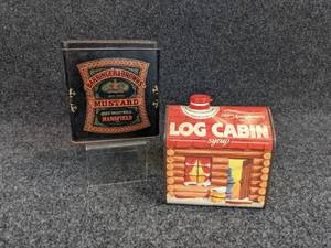lot 534 image: Vintage Barringer & Browns Mustard Tin Can  Log Cabin Syrup Tin Can