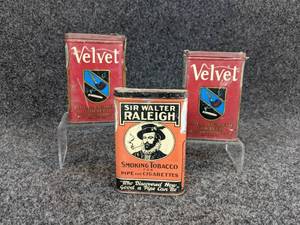 lot 541 image: (2) Vintage Velvet Tobacco Tins and a Sir Walter Raleigh Tabacco Tin