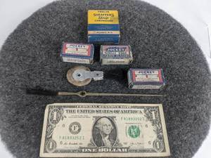 lot 571 image: Lot of Vintage Office Supplies - Blue Ink Cartridges, Eraser & Brush, and (3) Packages of Jockey Single Edge Razor Blades
