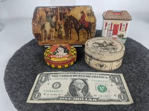 lot 554 image: Vintage Tins - Rileys Toffee, Toll House, Properts Leather and Saddle Soap, Lucky Brown Pressing Oil