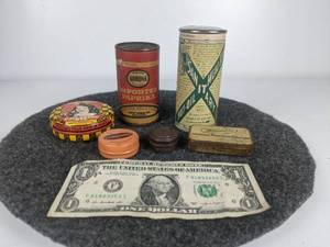 lot 598 image: Lot of Vintage Tins - Lucky Brown Pressing Oil, Jewelmont, Korona Spice Corp., and More