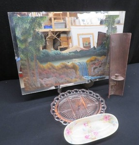 lot 73 image: BEAUTIFUL PAINTING ON GLASS MIRROR AND VINTAGE DISHES