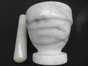 lot 75 image: MARBLE MORTAR GRINDING BOWL AND PESTLE. BISQUE HORSE STATUE