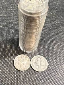 lot 29 image: ROLL OF 50 US MERCURY SILVER DIMES MIXED DATES VF-XF