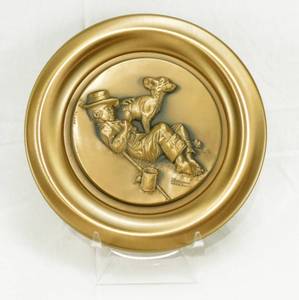 lot 15 image: Vintage 1978 Norman Rockwells Adventures Between Adventures Numbered Bronze Plate by Bill Mack